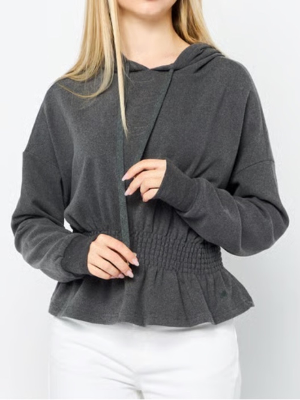 Jason Wu Charcoal Smocked-Hem Hooded Sweatshirt